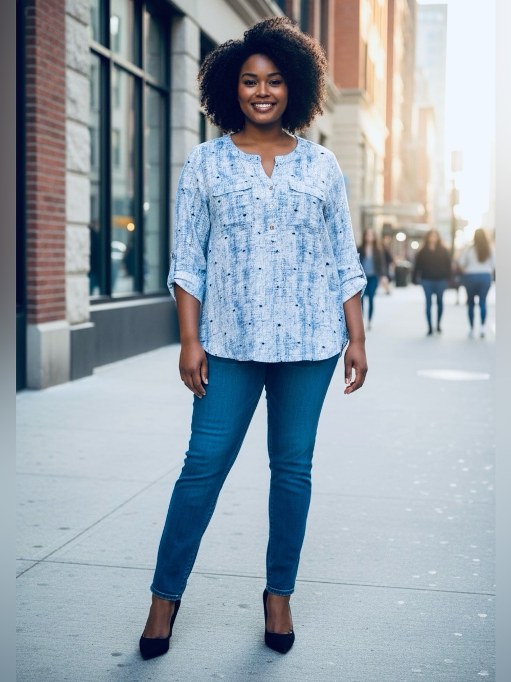 d/C Jeans by Penningtons, Plus Size 2X Blue White Printed Roll Tab Sleeve Blouse